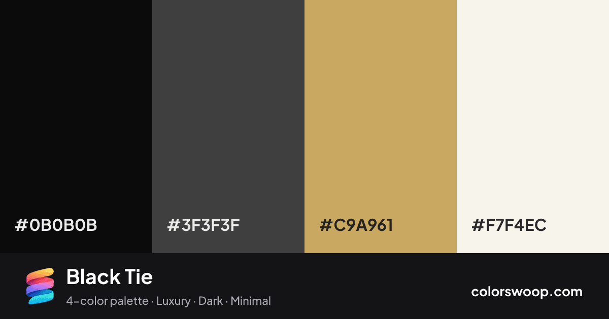 Black Tie color palette card: Obsidian #0B0B0B, Iron #3F3F3F, Sand #C9A961, Linen #F7F4EC