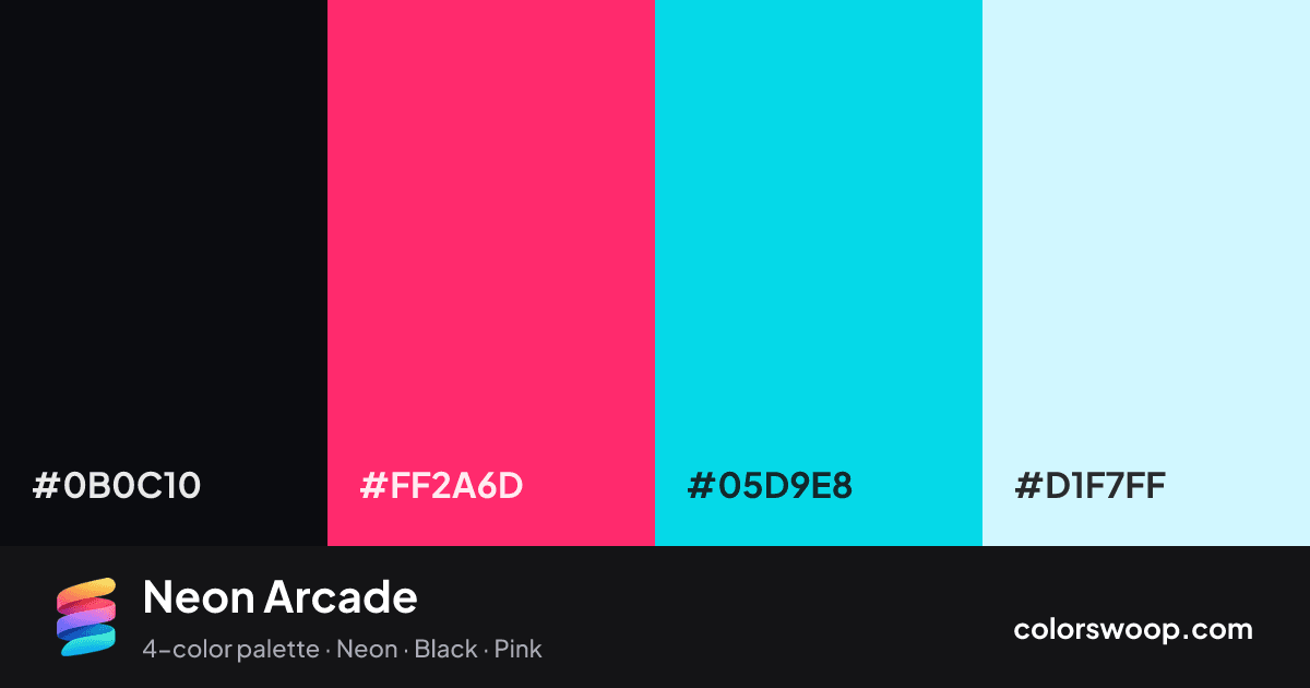 Neon Arcade color palette card: Obsidian #0B0C10, Rose #FF2A6D, Turquoise #05D9E8, Ice #D1F7FF
