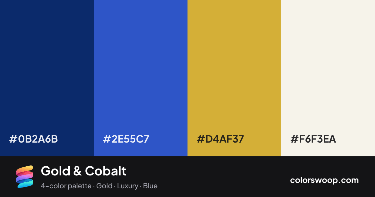 Gold & Cobalt color palette card: Marine #0B2A6B, Sapphire #2E55C7, Mustard #D4AF37, Linen #F6F3EA
