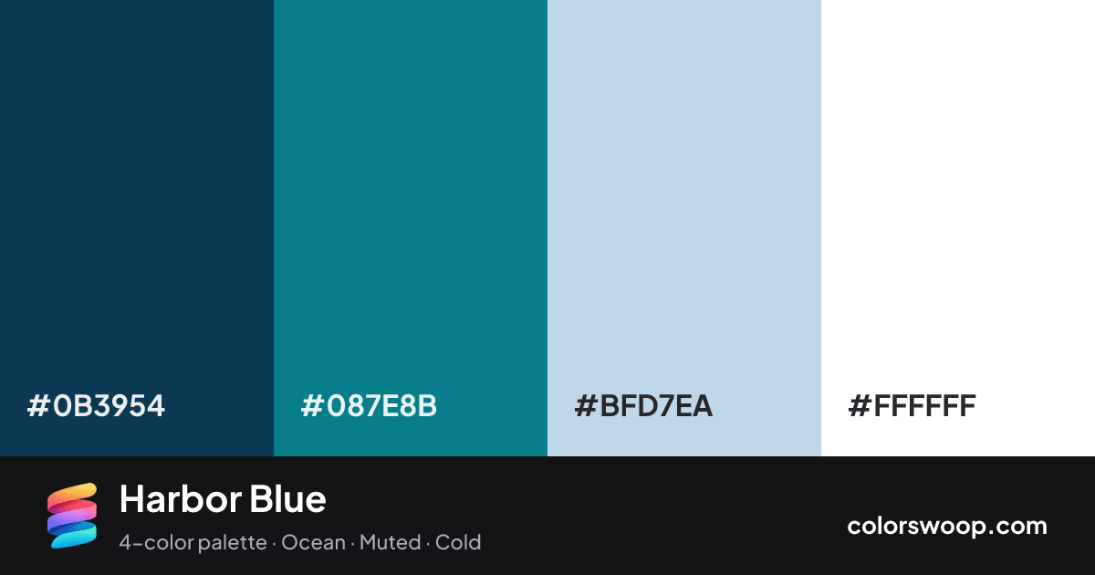 Harbor Blue color palette card: Prussian Blue #0B3954, Teal #087E8B, Powder Blue #BFD7EA, White #FFFFFF