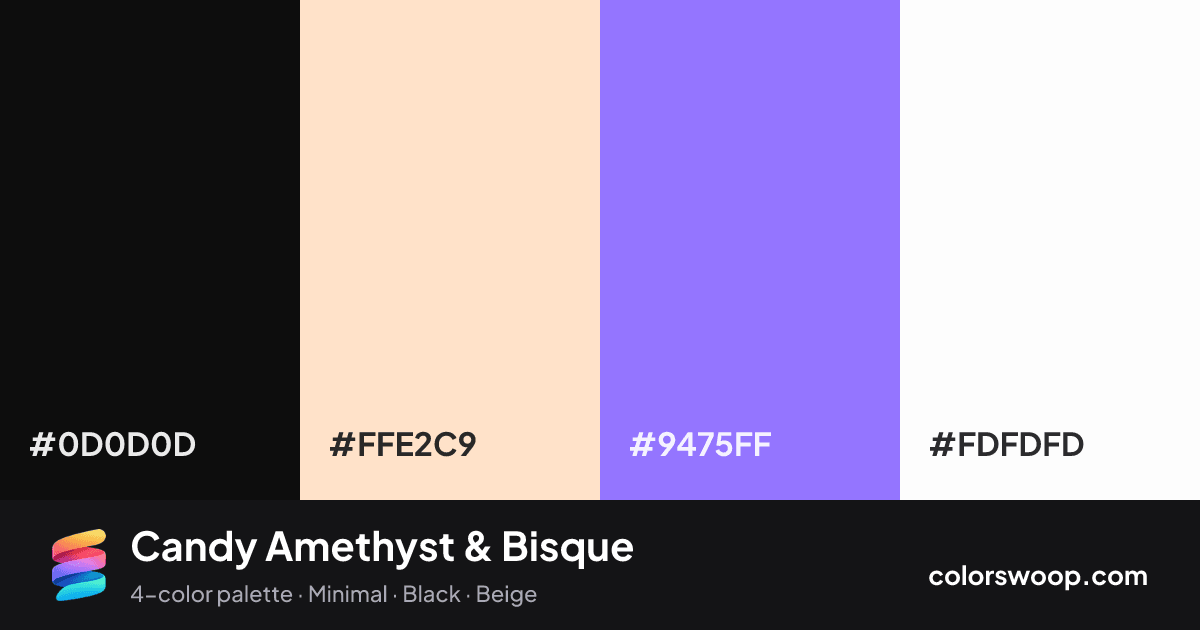 Candy Amethyst & Bisque color palette card: Obsidian #0D0D0D, Bisque #FFE2C9, Amethyst #9475FF, White #FDFDFD