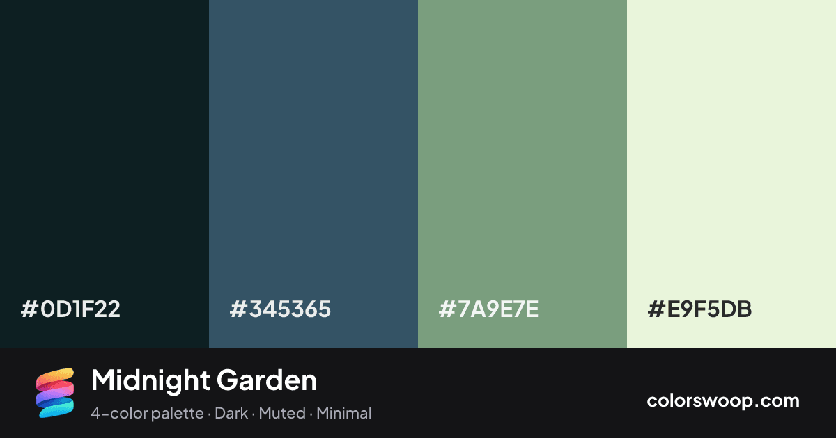 Midnight Garden color palette card: Ink #0D1F22, Peacock #345365, Moss #7A9E7E, Beige #E9F5DB