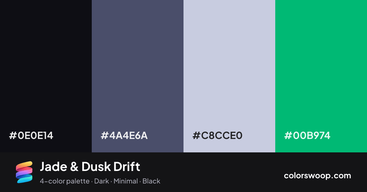 Jade & Dusk Drift color palette card: Obsidian #0E0E14, Dusk #4A4E6A, Lavender Gray #C8CCE0, Jade #00B974