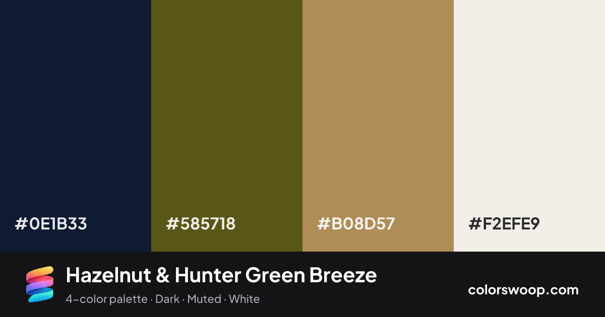 Hazelnut & Hunter Green Breeze color palette card: Ink #0E1B33, Hunter Green #585718, Hazelnut #B08D57, Linen #F2EFE9