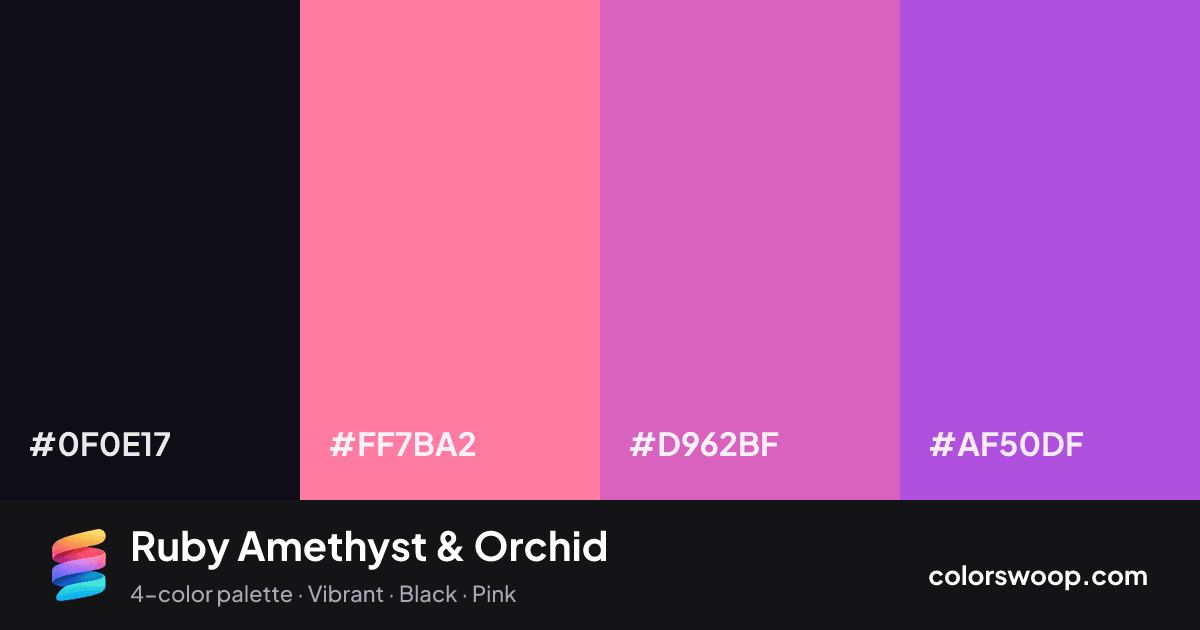 Ruby Amethyst & Orchid color palette card: Obsidian #0F0E17, Flamingo #FF7BA2, Orchid #D962BF, Amethyst #AF50DF