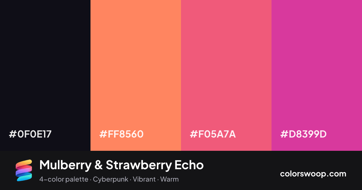 Mulberry & Strawberry Echo color palette card: Obsidian #0F0E17, Coral #FF8560, Strawberry #F05A7A, Mulberry #D8399D