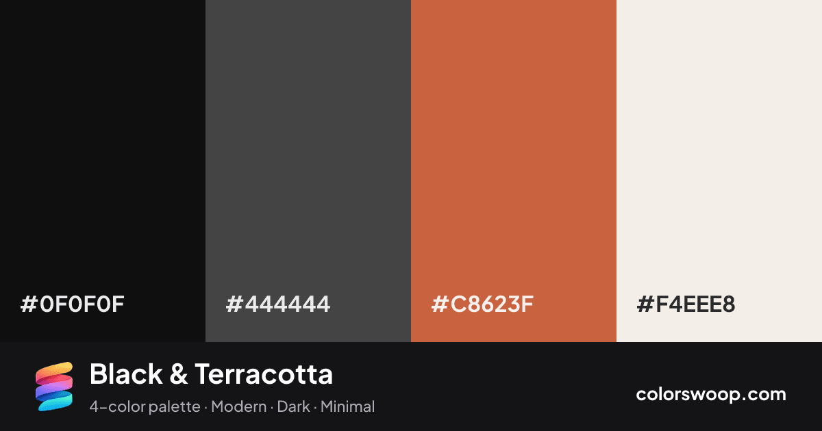 Black & Terracotta color palette card: Obsidian #0F0F0F, Iron #444444, Clay #C8623F, Linen #F4EEE8