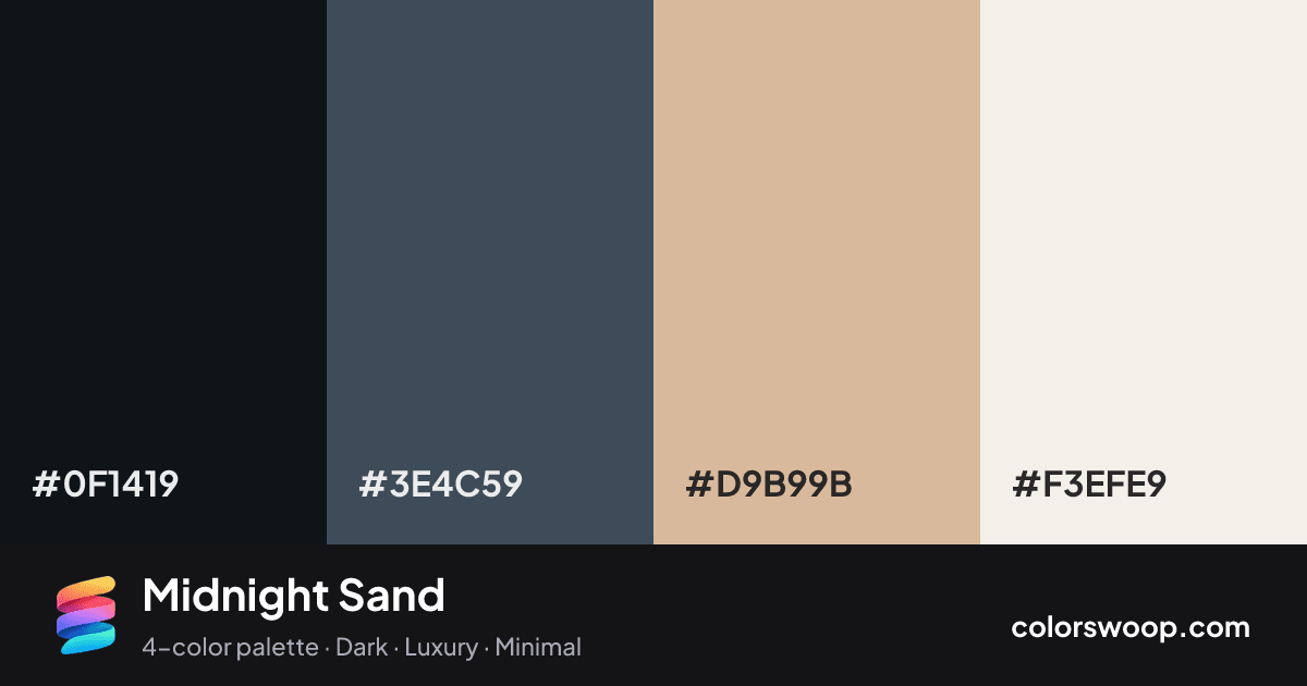 Midnight Sand color palette card: Licorice #0F1419, Graphite #3E4C59, Tan #D9B99B, Linen #F3EFE9