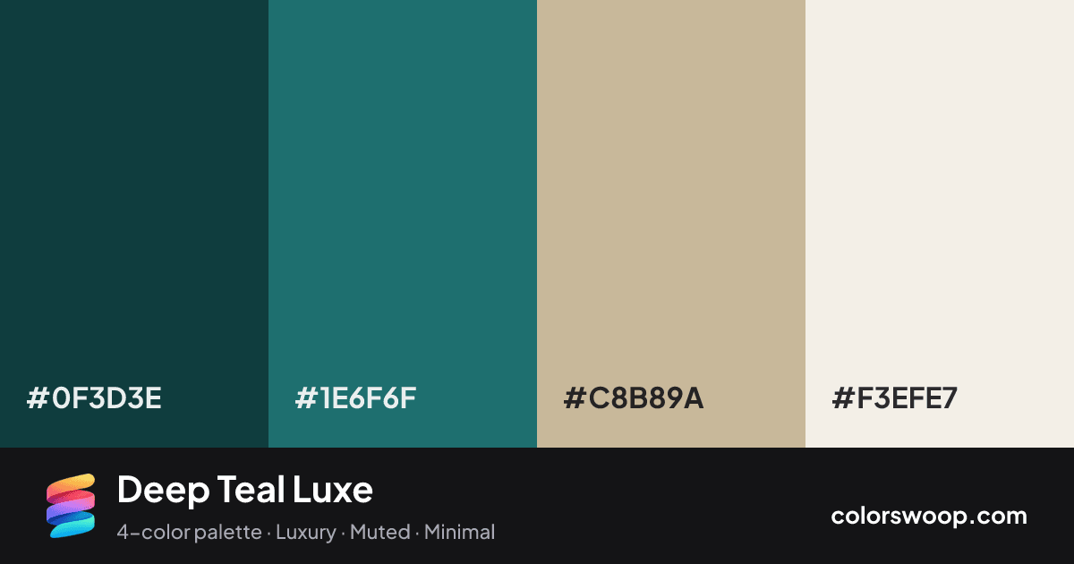 Deep Teal Luxe color palette card: Gunmetal #0F3D3E, Pine #1E6F6F, Tan #C8B89A, Linen #F3EFE7