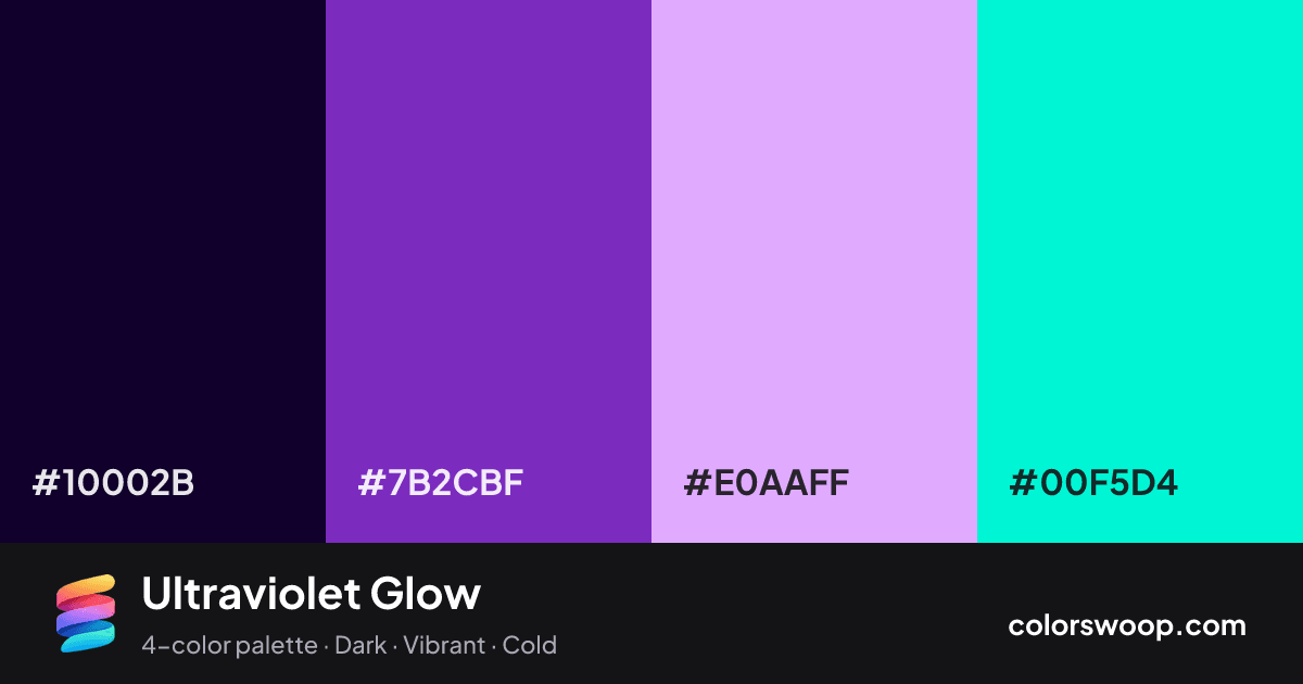 Ultraviolet Glow color palette card: Obsidian #10002B, Grape #7B2CBF, Mauve #E0AAFF, Turquoise #00F5D4