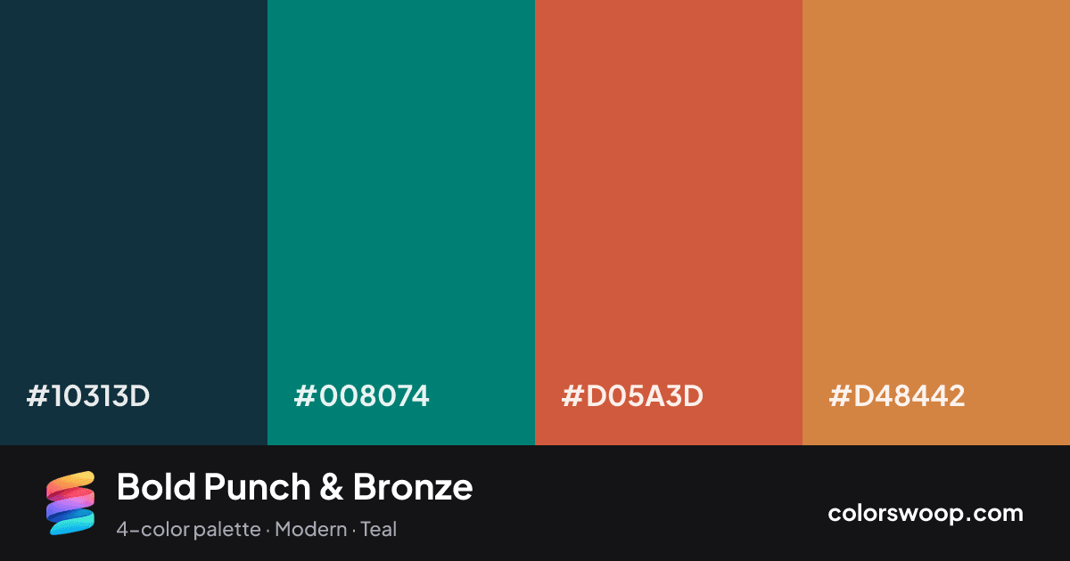 Bold Punch & Bronze color palette card: Gunmetal #10313D, Teal #008074, Punch #D05A3D, Bronze #D48442