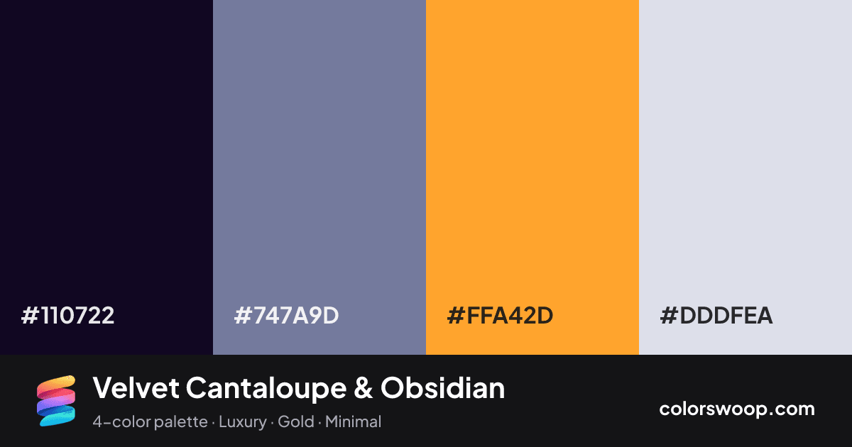 Velvet Cantaloupe & Obsidian color palette card: Obsidian #110722, Slate #747A9D, Cantaloupe #FFA42D, Lavender #DDDFEA