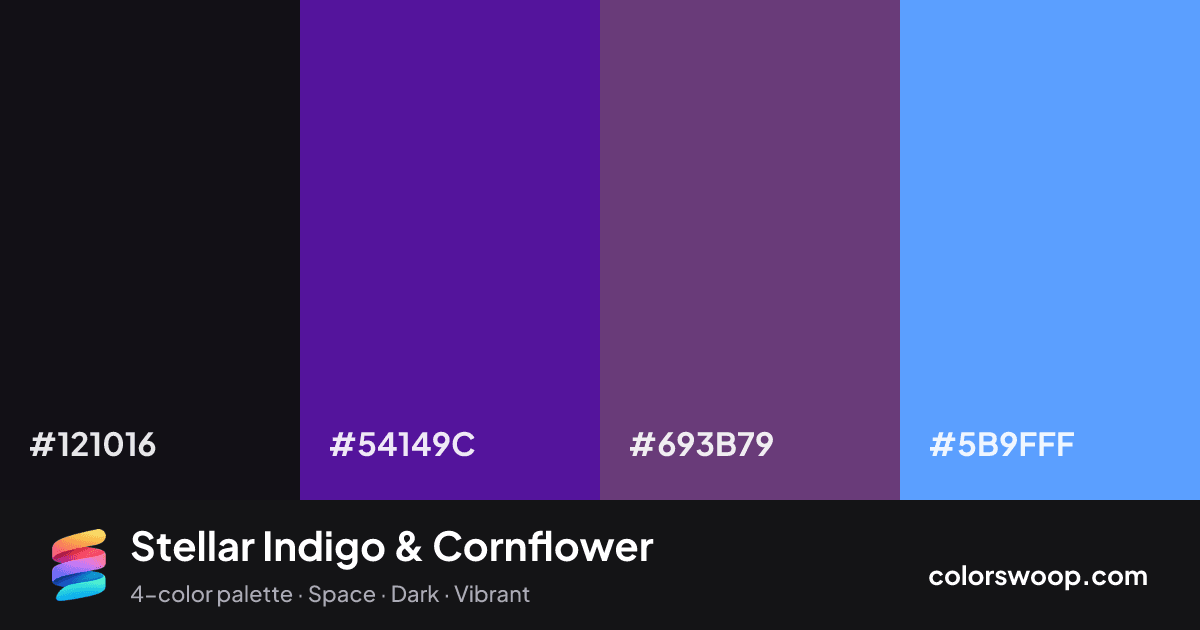 Stellar Indigo & Cornflower color palette card: Licorice #121016, Indigo #54149C, Eggplant #693B79, Cornflower #5B9FFF