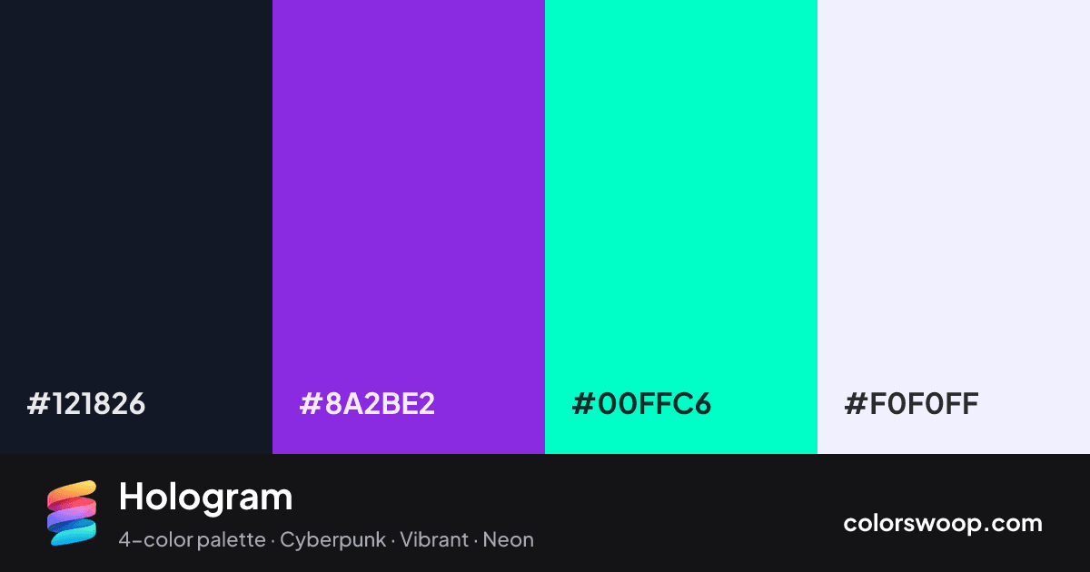 Hologram color palette card: Ink #121826, Violet #8A2BE2, Aquamarine #00FFC6, Frost #F0F0FF