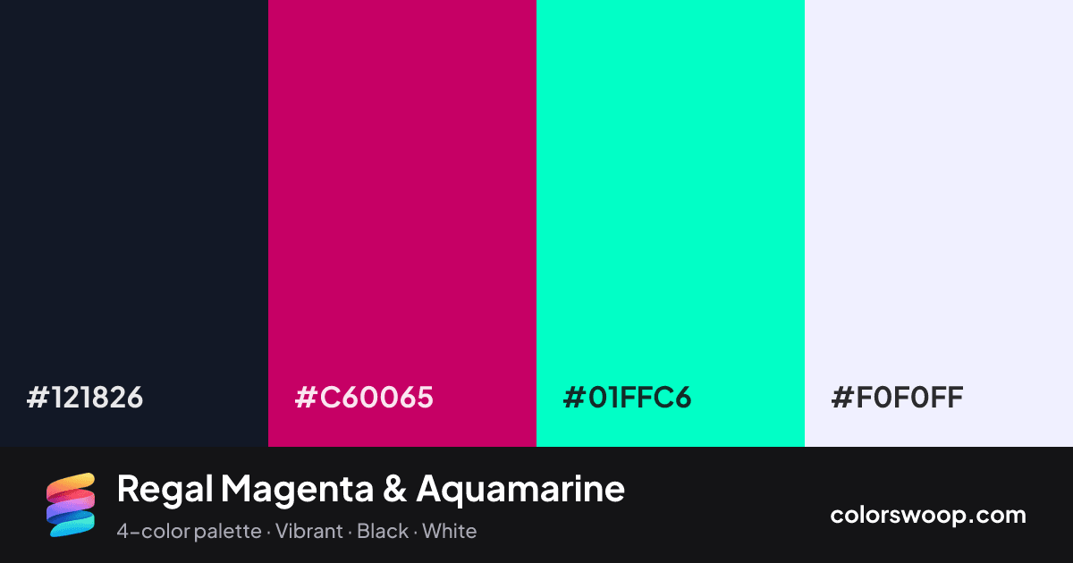 Regal Magenta & Aquamarine color palette card: Ink #121826, Magenta #C60065, Aquamarine #01FFC6, Frost #F0F0FF