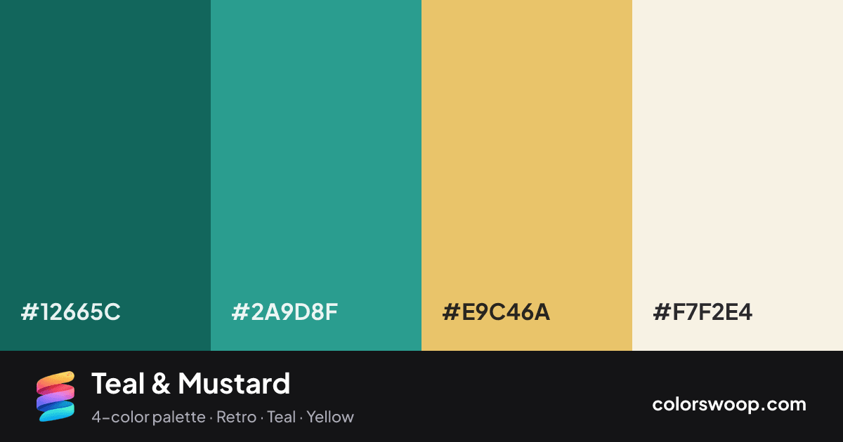 Teal & Mustard color palette card: Spruce #12665C, Cadet #2A9D8F, Saffron #E9C46A, Linen #F7F2E4