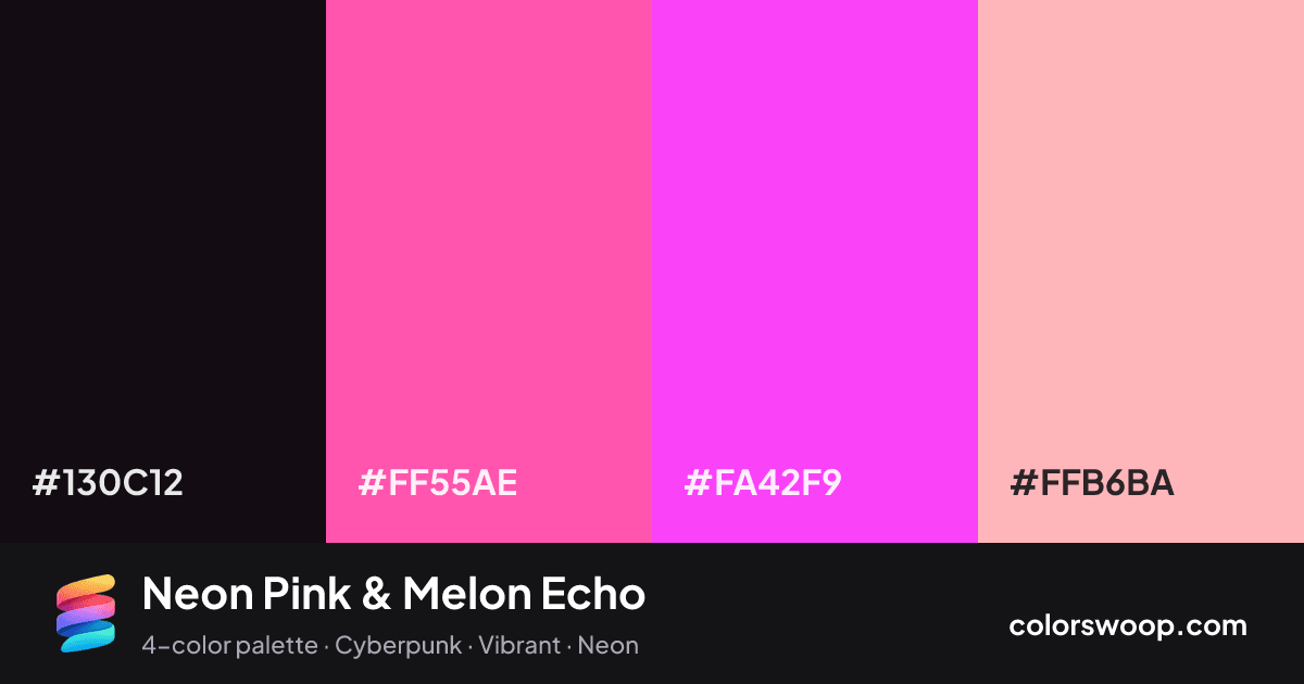 Neon Pink & Melon Echo color palette card: Obsidian #130C12, Hot Pink #FF55AE, Neon Pink #FA42F9, Melon #FFB6BA
