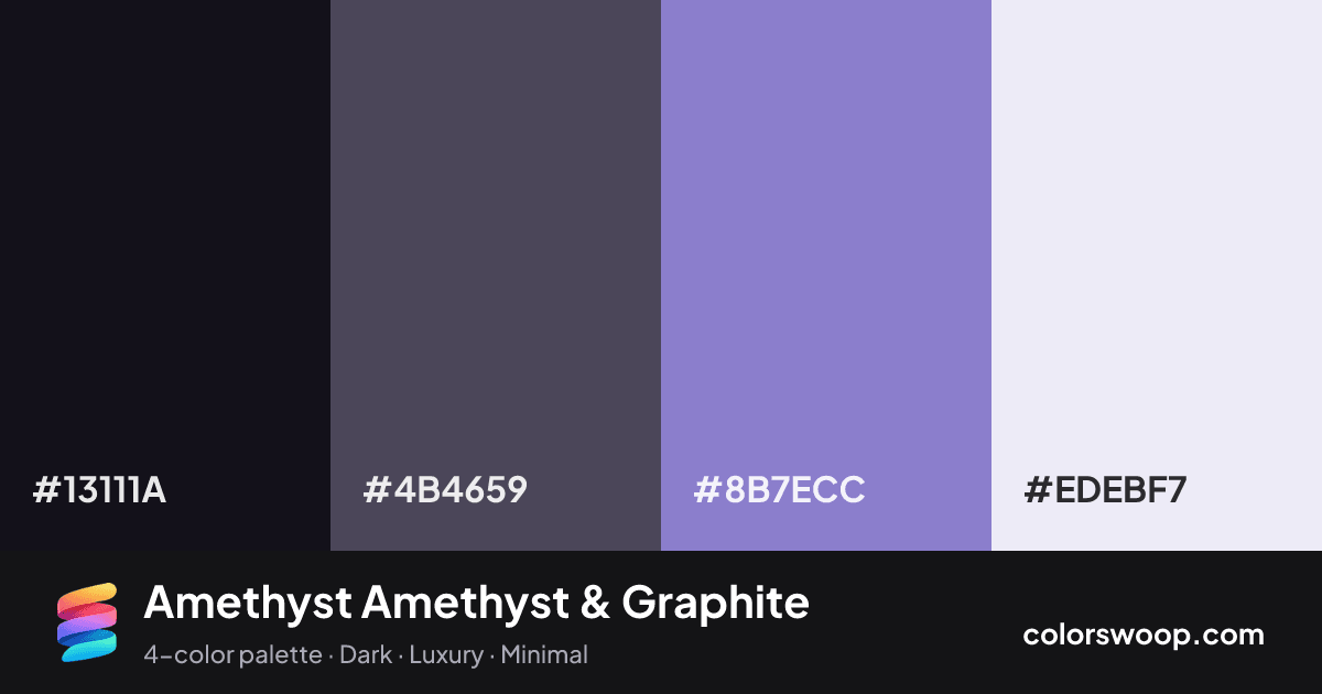 Amethyst Amethyst & Graphite color palette card: Licorice #13111A, Graphite #4B4659, Amethyst #8B7ECC, Frost #EDEBF7