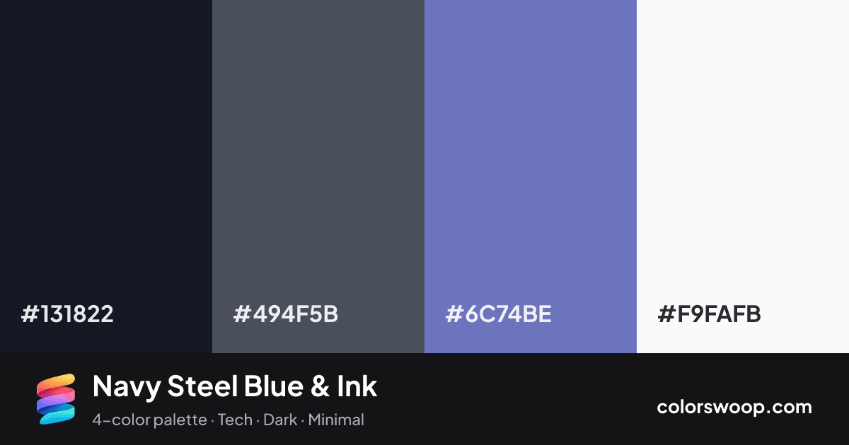 Navy Steel Blue & Ink color palette card: Ink #131822, Graphite #494F5B, Steel Blue #6C74BE, Snow #F9FAFB