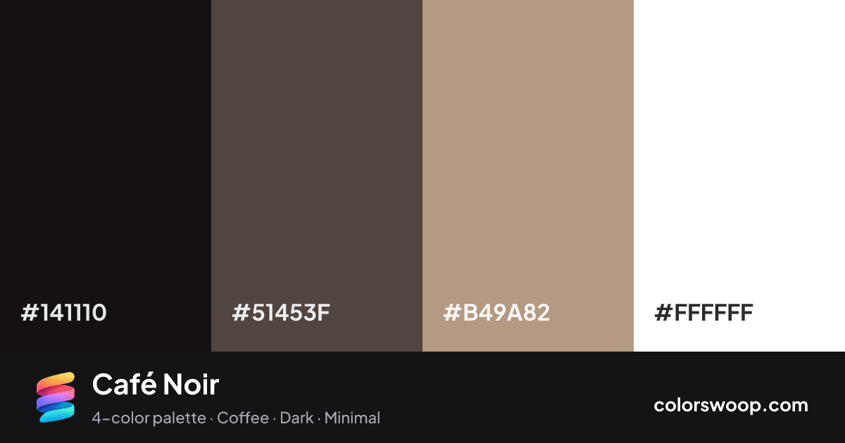 Café Noir color palette card: Licorice #141110, Graphite #51453F, Dust #B49A82, White #FFFFFF