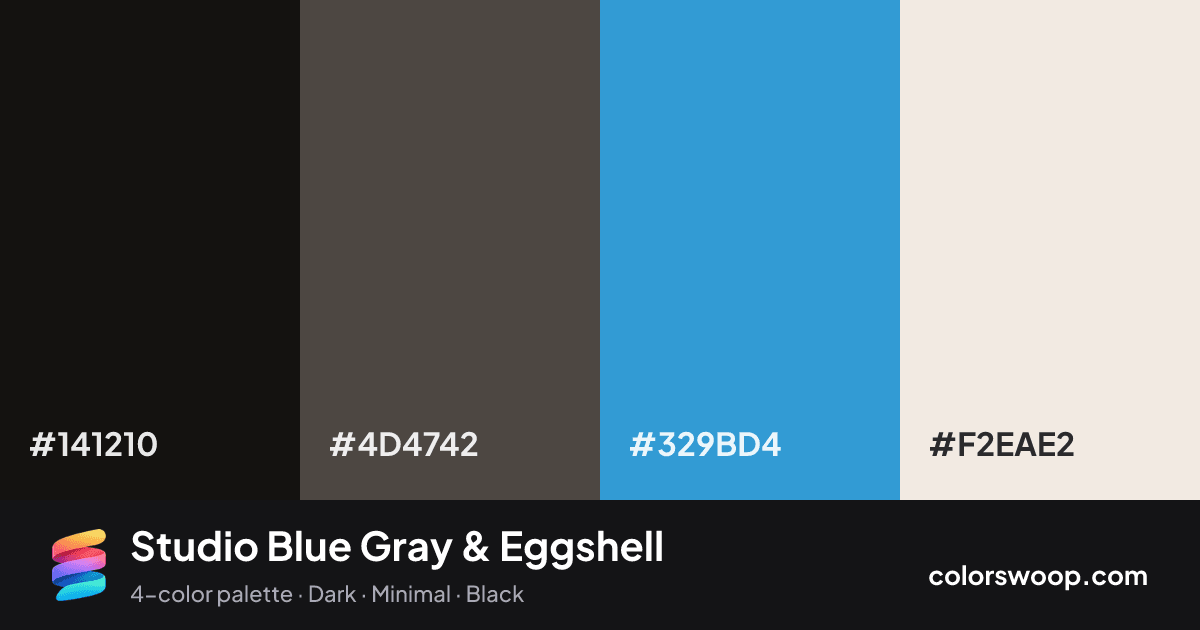 Studio Blue Gray & Eggshell color palette card: Licorice #141210, Graphite #4D4742, Blue Gray #329BD4, Eggshell #F2EAE2