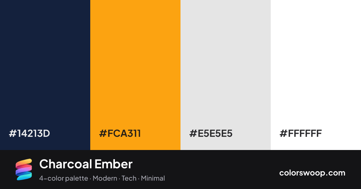 Charcoal Ember color palette card: Ink #14213D, Orange #FCA311, Ice #E5E5E5, White #FFFFFF
