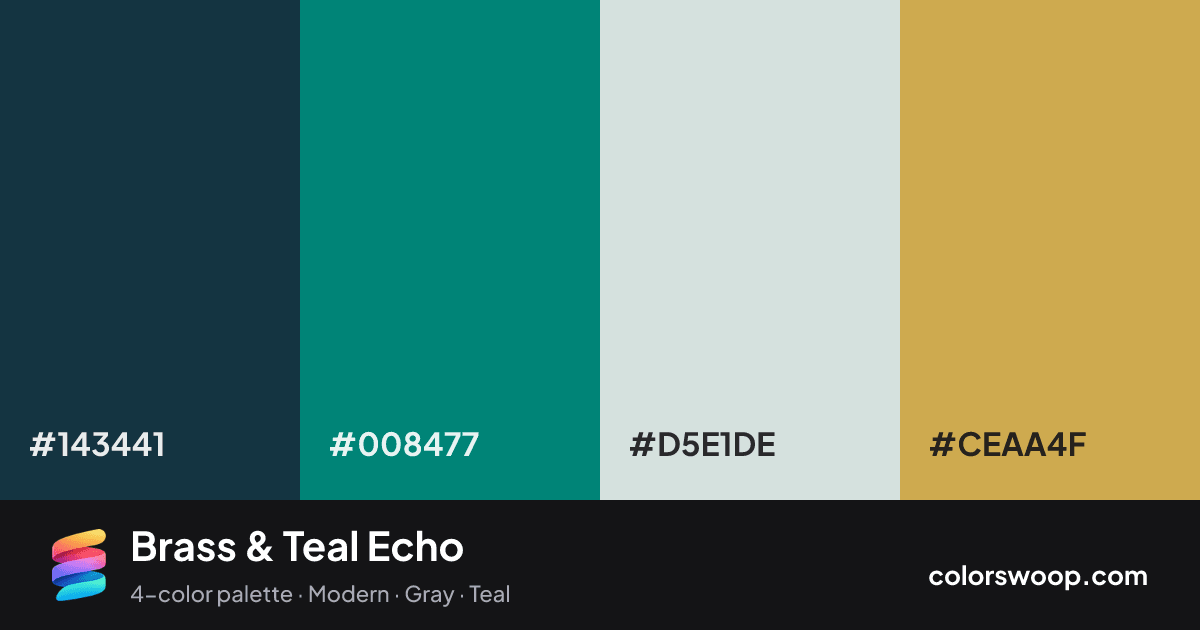 Brass & Teal Echo color palette card: Gunmetal #143441, Teal #008477, Glacier #D5E1DE, Brass #CEAA4F