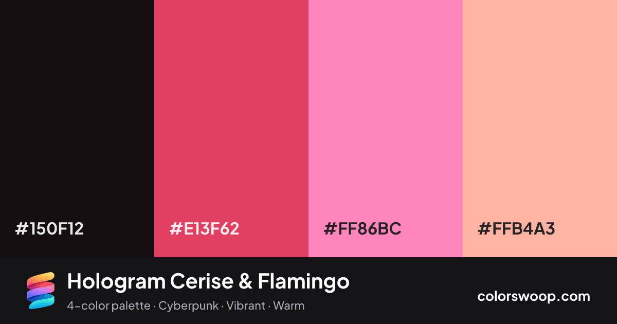 Hologram Cerise & Flamingo color palette card: Licorice #150F12, Cerise #E13F62, Flamingo #FF86BC, Melon #FFB4A3