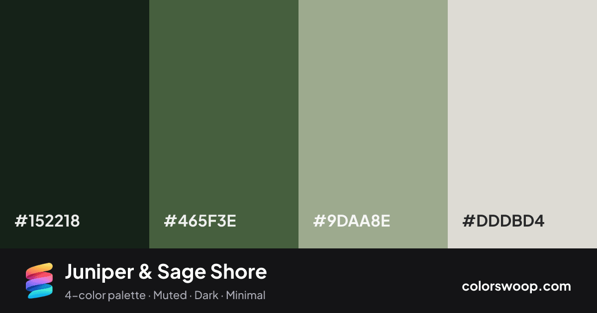 Juniper & Sage Shore color palette card: Raisin #152218, Juniper #465F3E, Sage #9DAA8E, Bone #DDDBD4