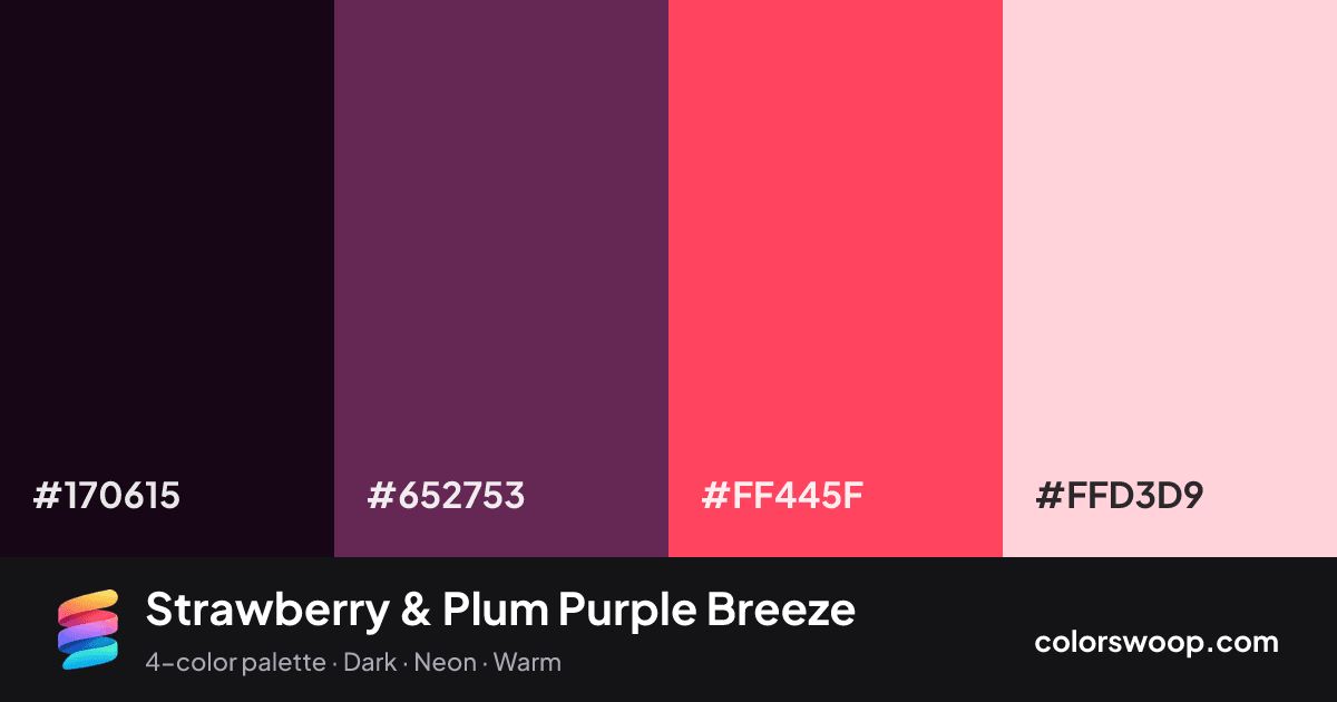 Strawberry & Plum Purple Breeze color palette card: Obsidian #170615, Plum Purple #652753, Strawberry #FF445F, Ballet #FFD3D9