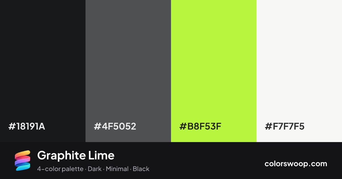 Graphite Lime color palette card: Licorice #18191A, Graphite #4F5052, Lime #B8F53F, Smoke #F7F7F5