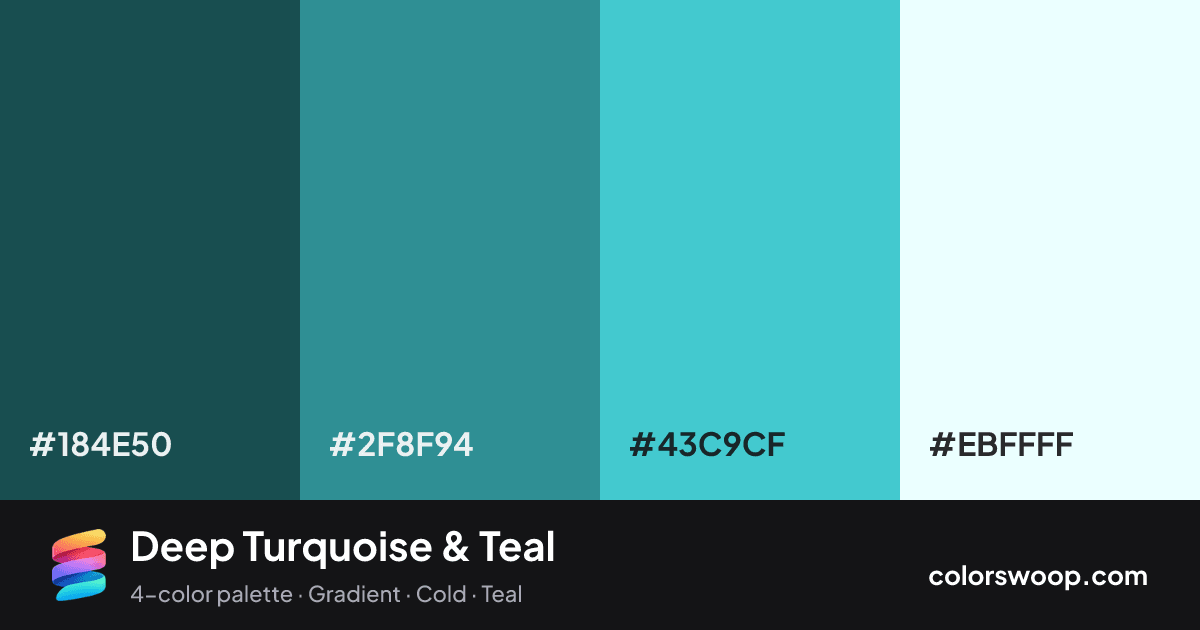 Deep Turquoise & Teal color palette card: Charcoal #184E50, Teal #2F8F94, Turquoise #43C9CF, White #EBFFFF