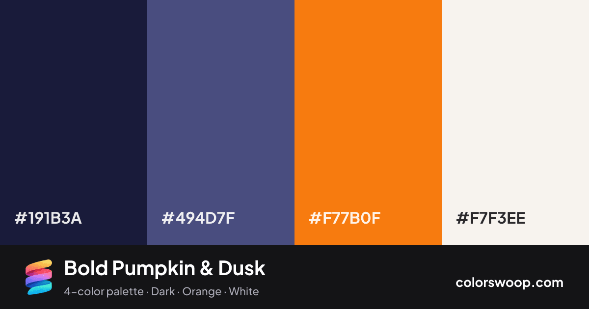 Bold Pumpkin & Dusk color palette card: Ink #191B3A, Dusk #494D7F, Pumpkin #F77B0F, Smoke #F7F3EE