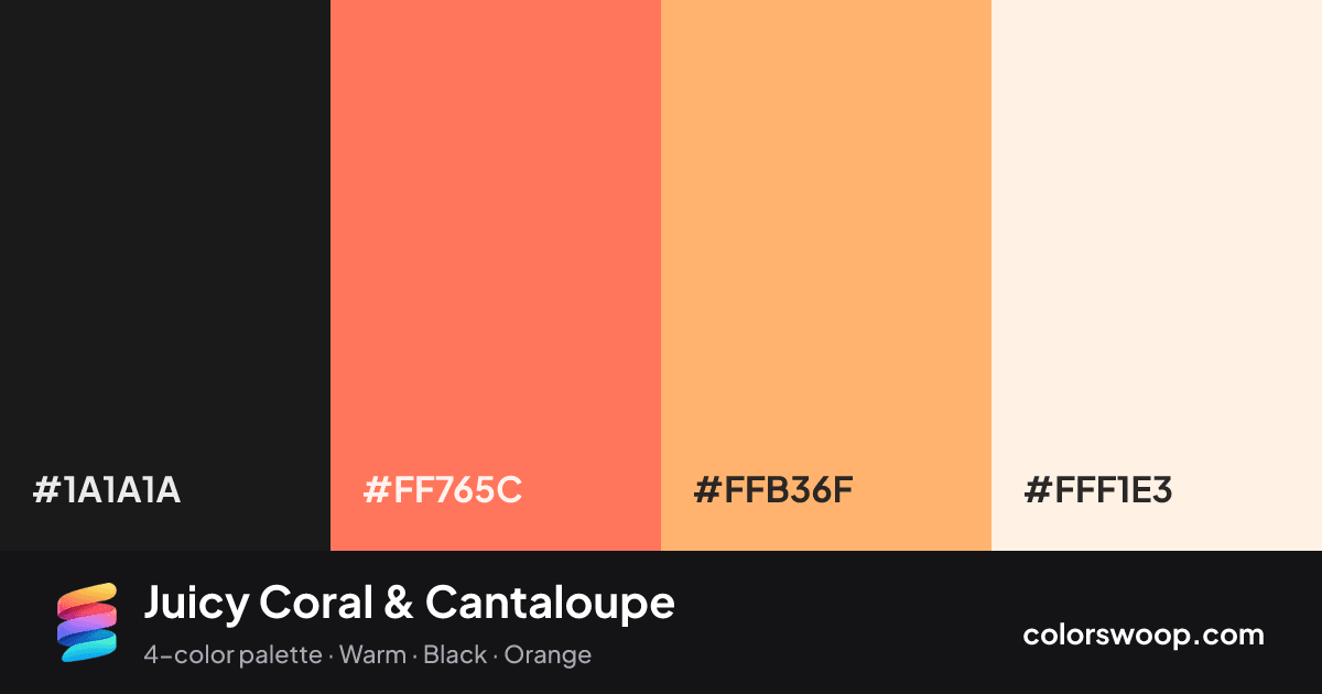 Juicy Coral & Cantaloupe color palette card: Licorice #1A1A1A, Coral #FF765C, Cantaloupe #FFB36F, Linen #FFF1E3