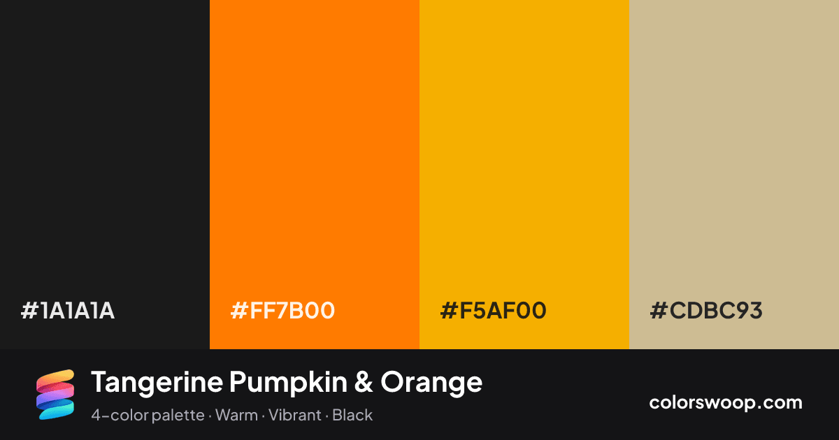 Tangerine Pumpkin & Orange color palette card: Licorice #1A1A1A, Pumpkin #FF7B00, Orange #F5AF00, Tan #CDBC93