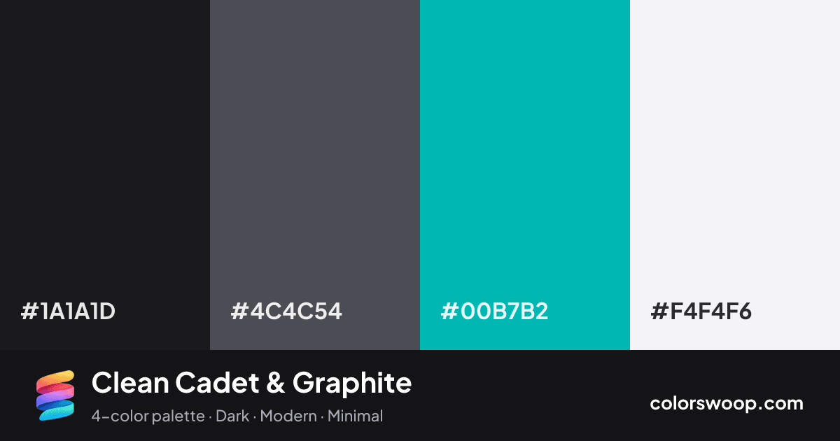 Clean Cadet & Graphite color palette card: Raisin #1A1A1D, Graphite #4C4C54, Cadet #00B7B2, Smoke #F4F4F6