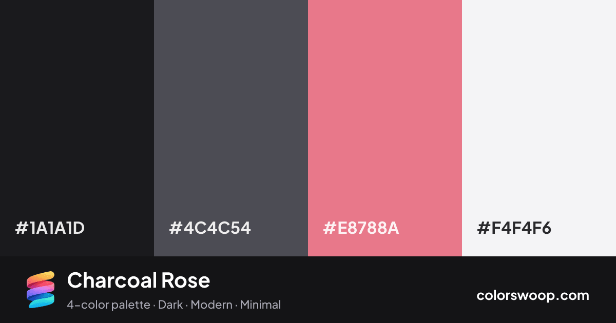 Charcoal Rose color palette card: Raisin #1A1A1D, Graphite #4C4C54, Watermelon #E8788A, Smoke #F4F4F6