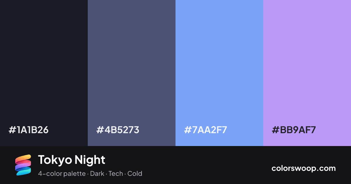 Tokyo Night color palette card: Ink #1A1B26, Dusk #4B5273, Cornflower #7AA2F7, Wisteria #BB9AF7