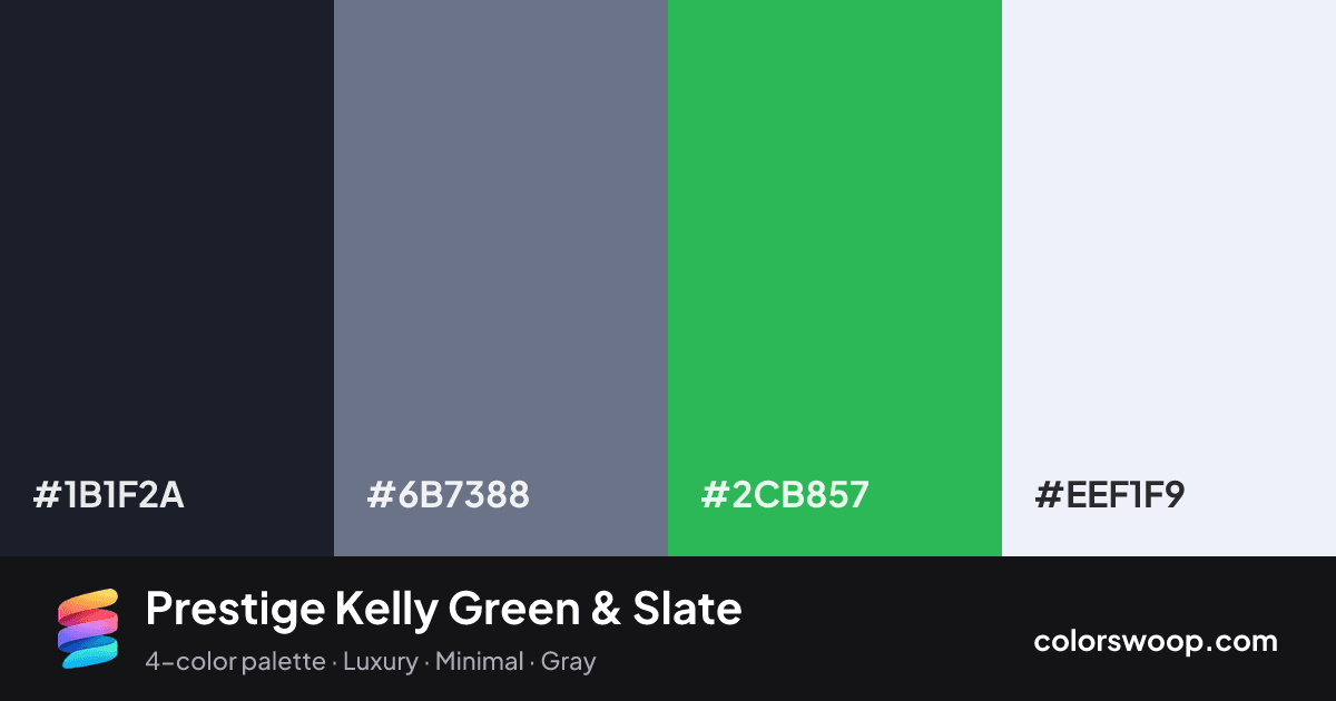 Prestige Kelly Green & Slate color palette card: Raisin #1B1F2A, Slate #6B7388, Kelly Green #2CB857, Frost #EEF1F9