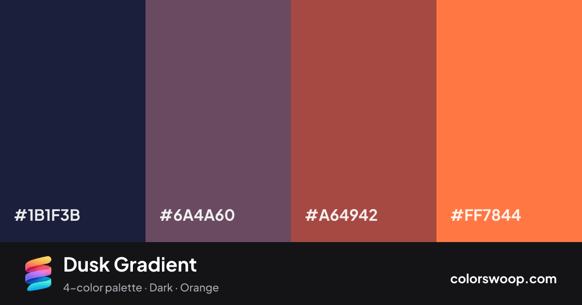 Dusk Gradient color palette card: Ink #1B1F3B, Eggplant #6A4A60, Sienna #A64942, Coral #FF7844
