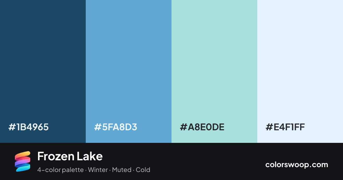 Frozen Lake color palette card: Charcoal #1B4965, Blue Gray #5FA8D3, Powder Blue #A8E0DE, Frost #E4F1FF