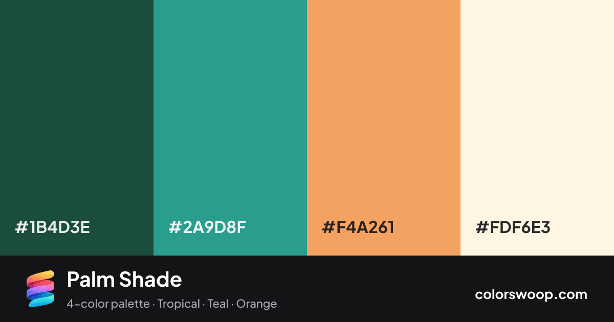 Palm Shade color palette card: Evergreen #1B4D3E, Cadet #2A9D8F, Cantaloupe #F4A261, Beige #FDF6E3