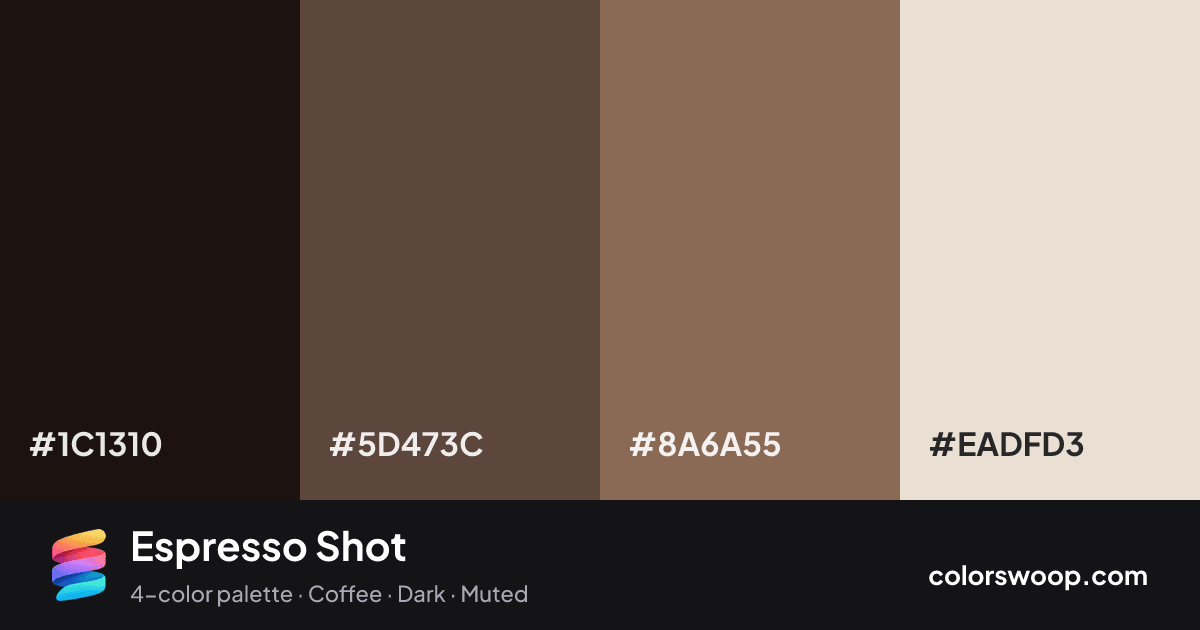 Espresso Shot color palette card: Licorice #1C1310, Walnut #5D473C, Cocoa #8A6A55, Almond #EADFD3