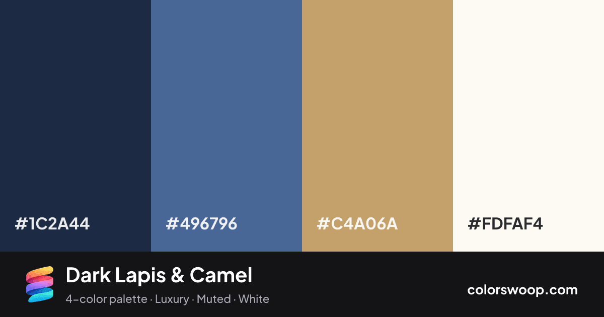 Dark Lapis & Camel color palette card: Space #1C2A44, Lapis #496796, Camel #C4A06A, Snow #FDFAF4