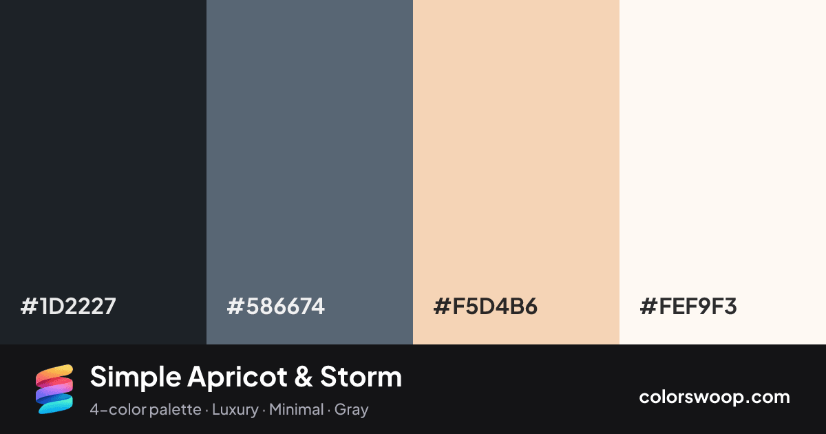 Simple Apricot & Storm color palette card: Raisin #1D2227, Storm #586674, Apricot #F5D4B6, Snow #FEF9F3