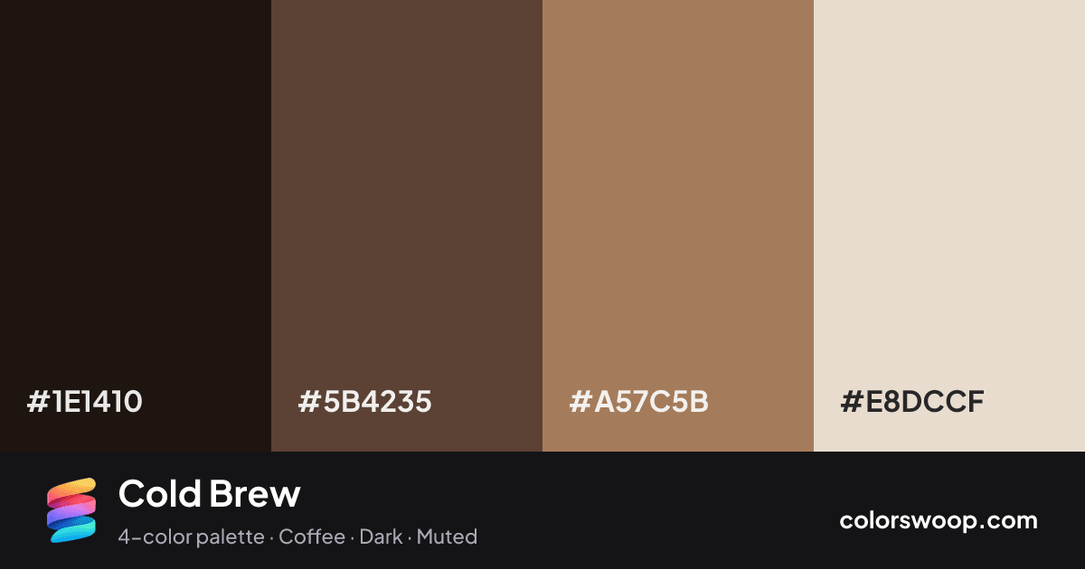 Cold Brew color palette card: Licorice #1E1410, Walnut #5B4235, Mocha #A57C5B, Bone #E8DCCF