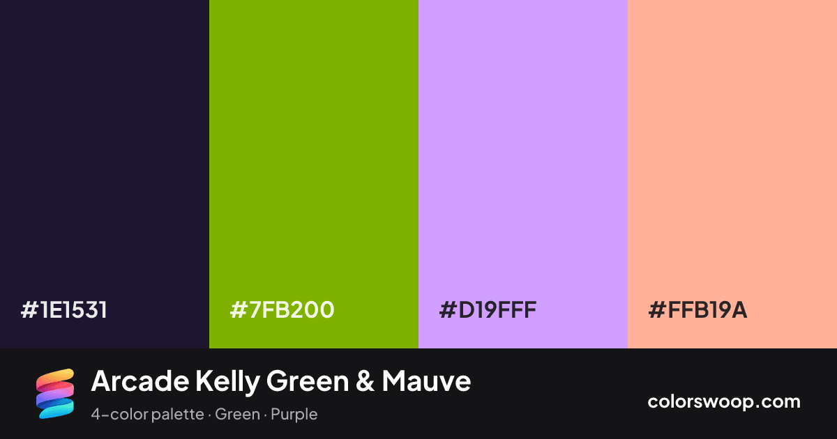 Arcade Kelly Green & Mauve color palette card: Ink #1E1531, Kelly Green #7FB200, Mauve #D19FFF, Melon #FFB19A