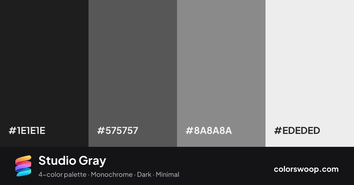 Studio Gray color palette card: Raisin #1E1E1E, Umber #575757, Stone #8A8A8A, Frost #EDEDED