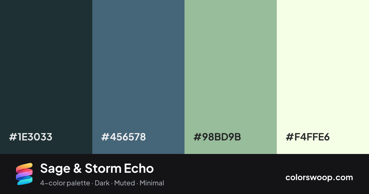 Sage & Storm Echo color palette card: Gunmetal #1E3033, Storm #456578, Sage #98BD9B, Ivory #F4FFE6