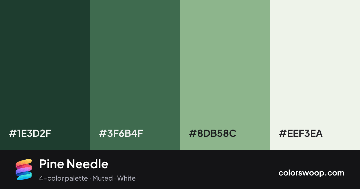 Pine Needle color palette card: Evergreen #1E3D2F, Juniper #3F6B4F, Sage #8DB58C, Linen #EEF3EA